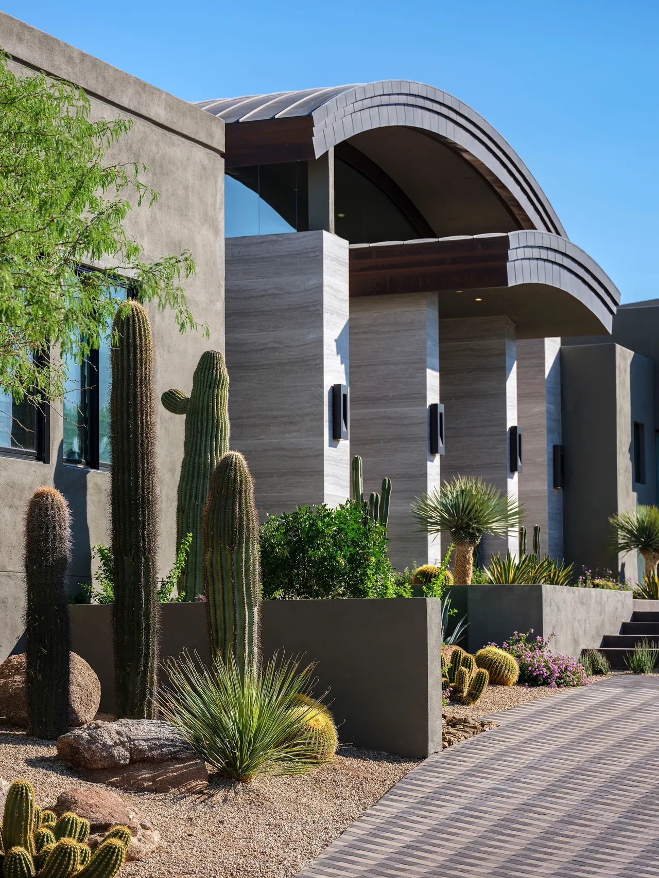 A building with many cacti in front of it