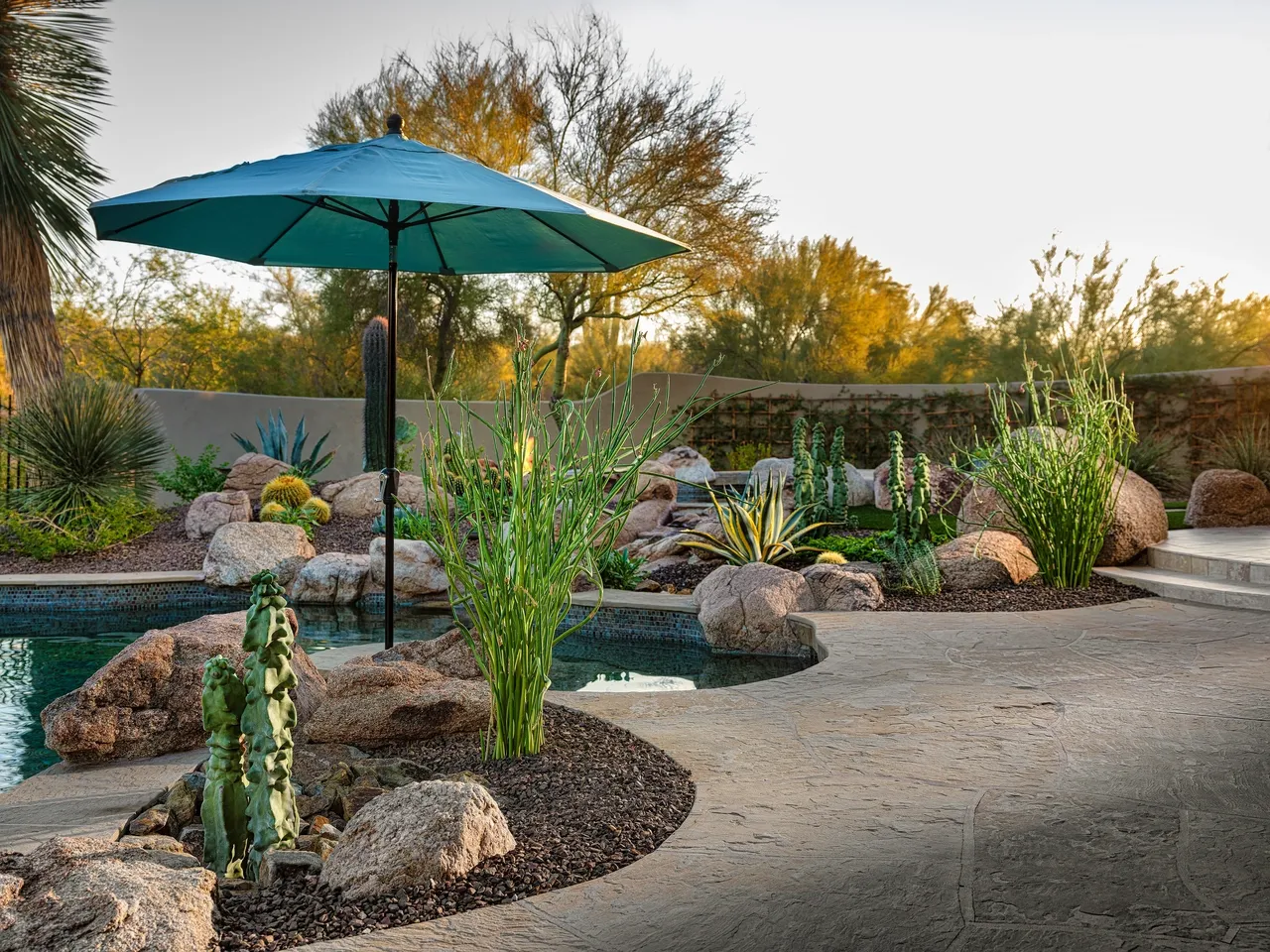 A patio with an umbrella and some plants