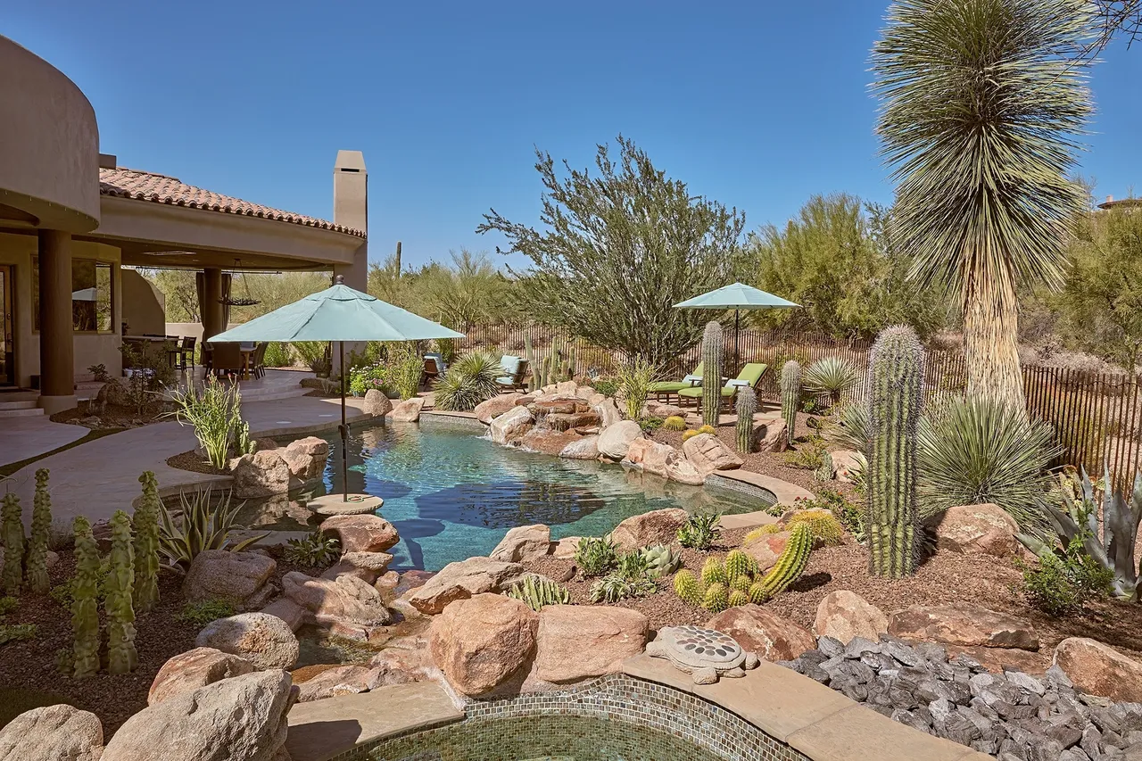 A pool surrounded by rocks and cacti in the desert.