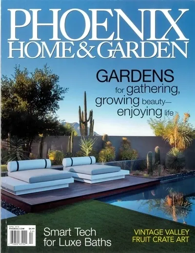 A magazine cover with a pool and garden.