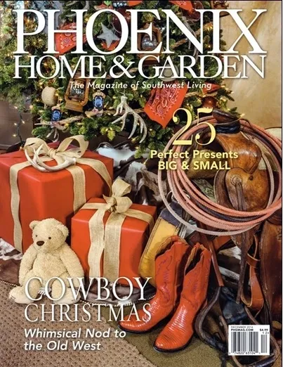 A magazine cover with christmas decorations and presents.