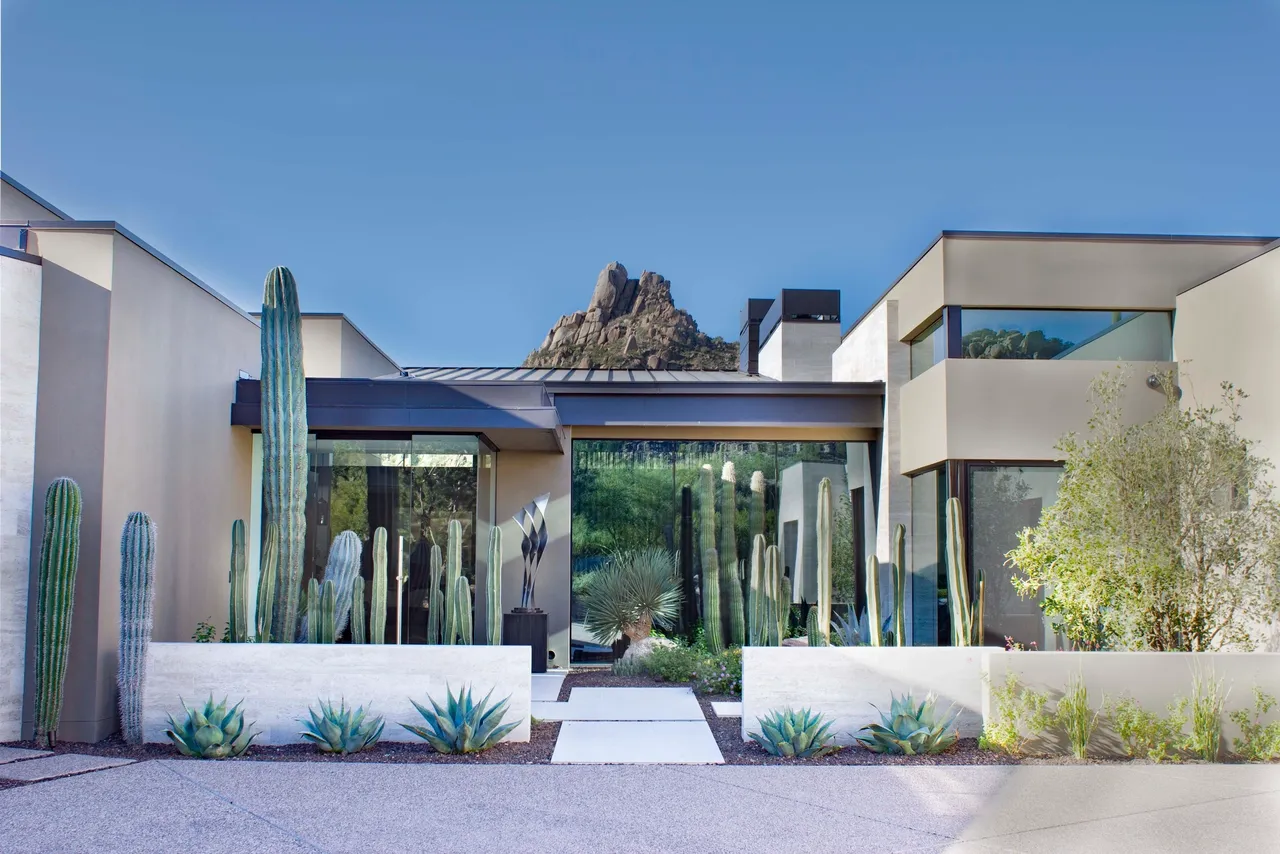 A large modern house with cactus and a mountain in the background.