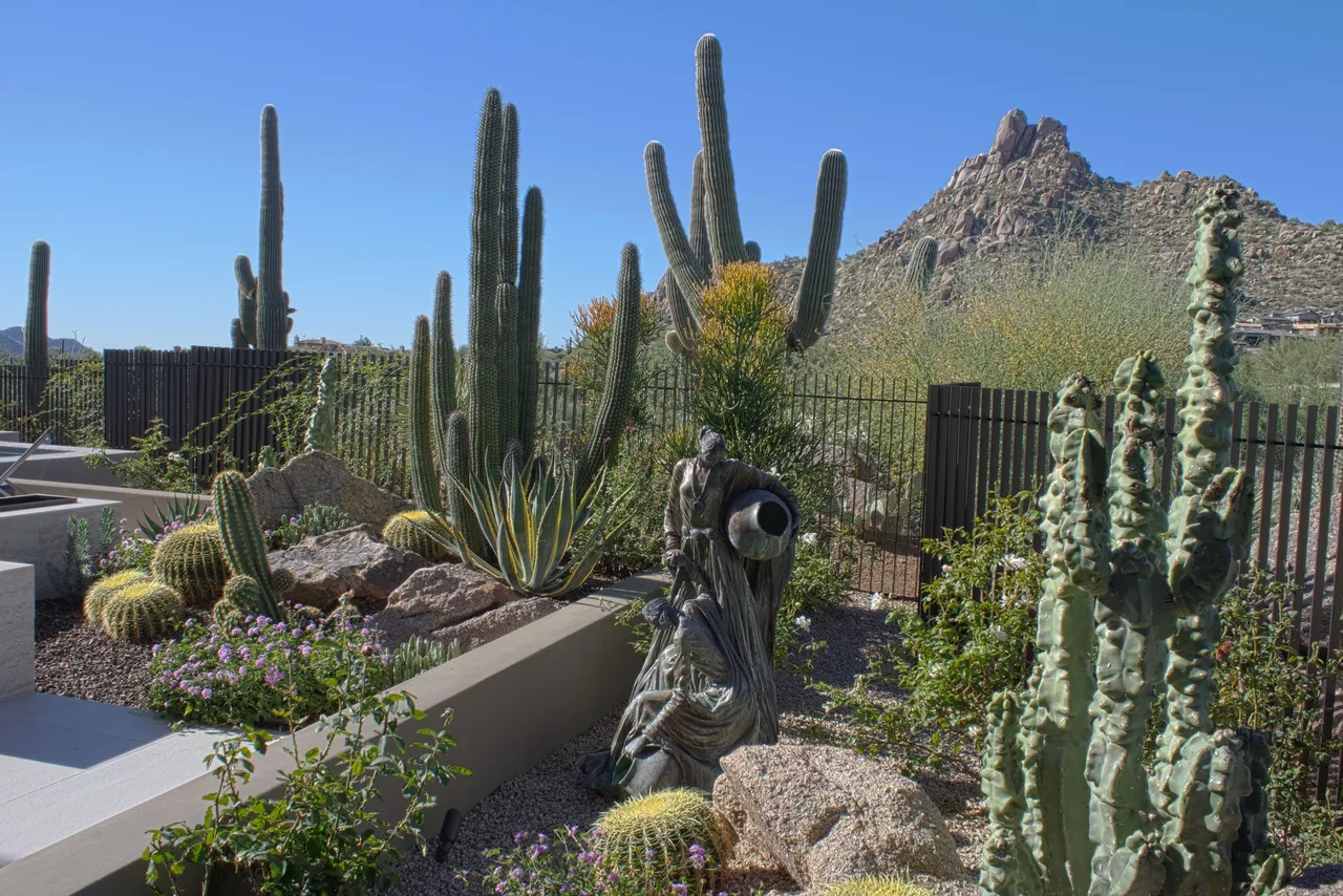 A fire hydrant in the middle of a cactus garden.