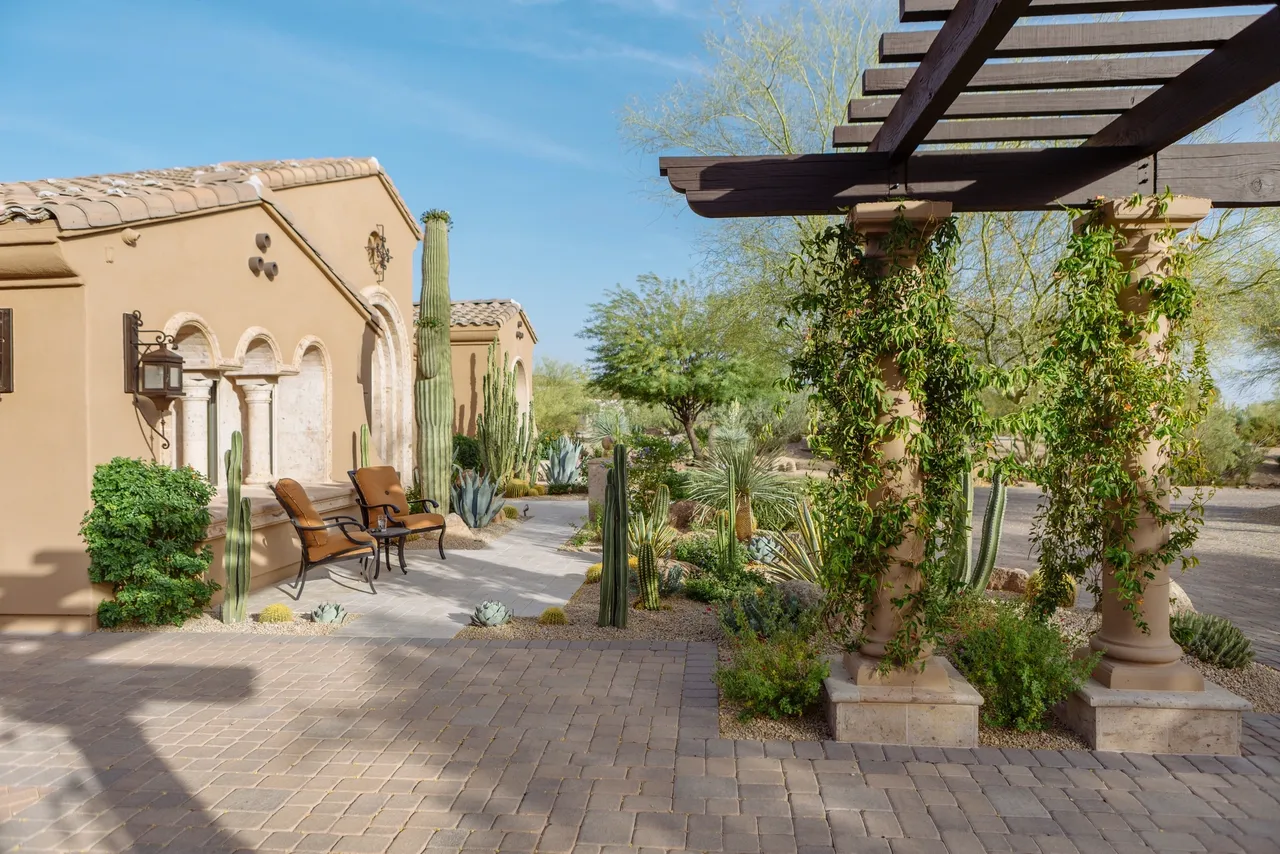 A patio with chairs and plants in the middle of it.