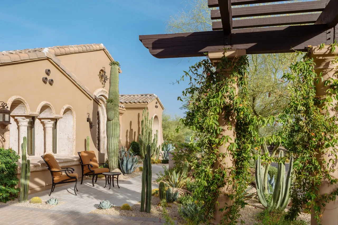 A patio with chairs and plants in the background.