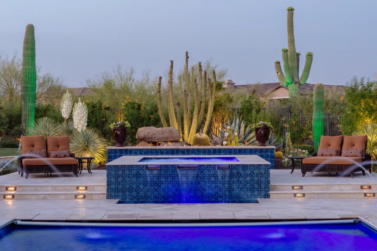 A pool with a fountain and many cacti