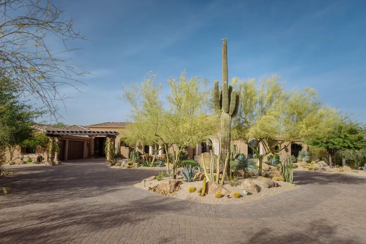 A large cactus garden in front of a house.