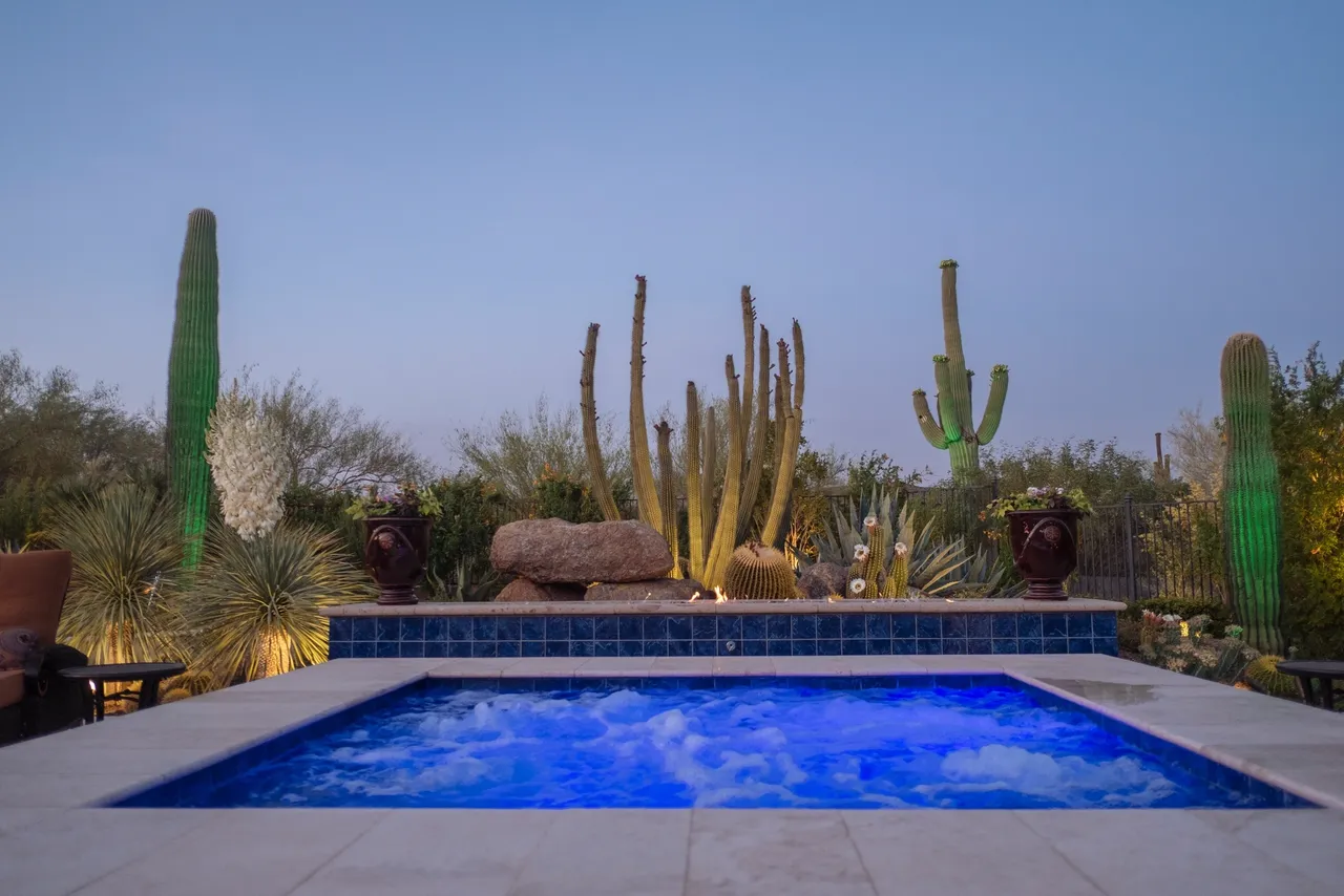 A pool with water falling into it and cactus in the background.