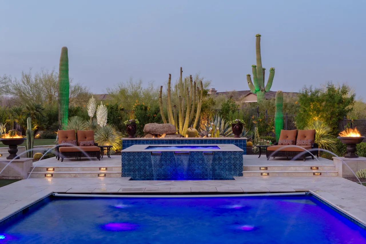 A pool with a fire pit and many cacti