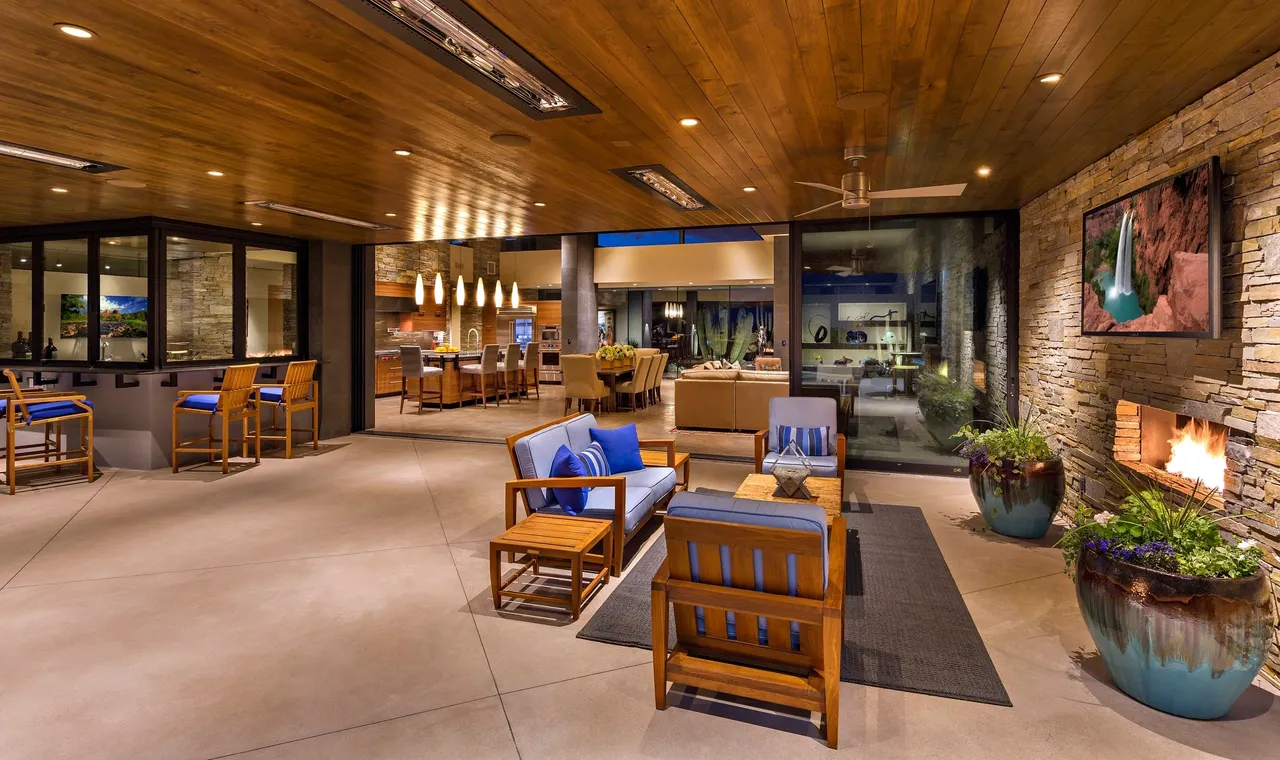 A large open living room with wooden furniture.