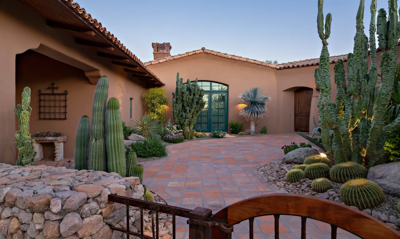 A patio with cactus and plants in it