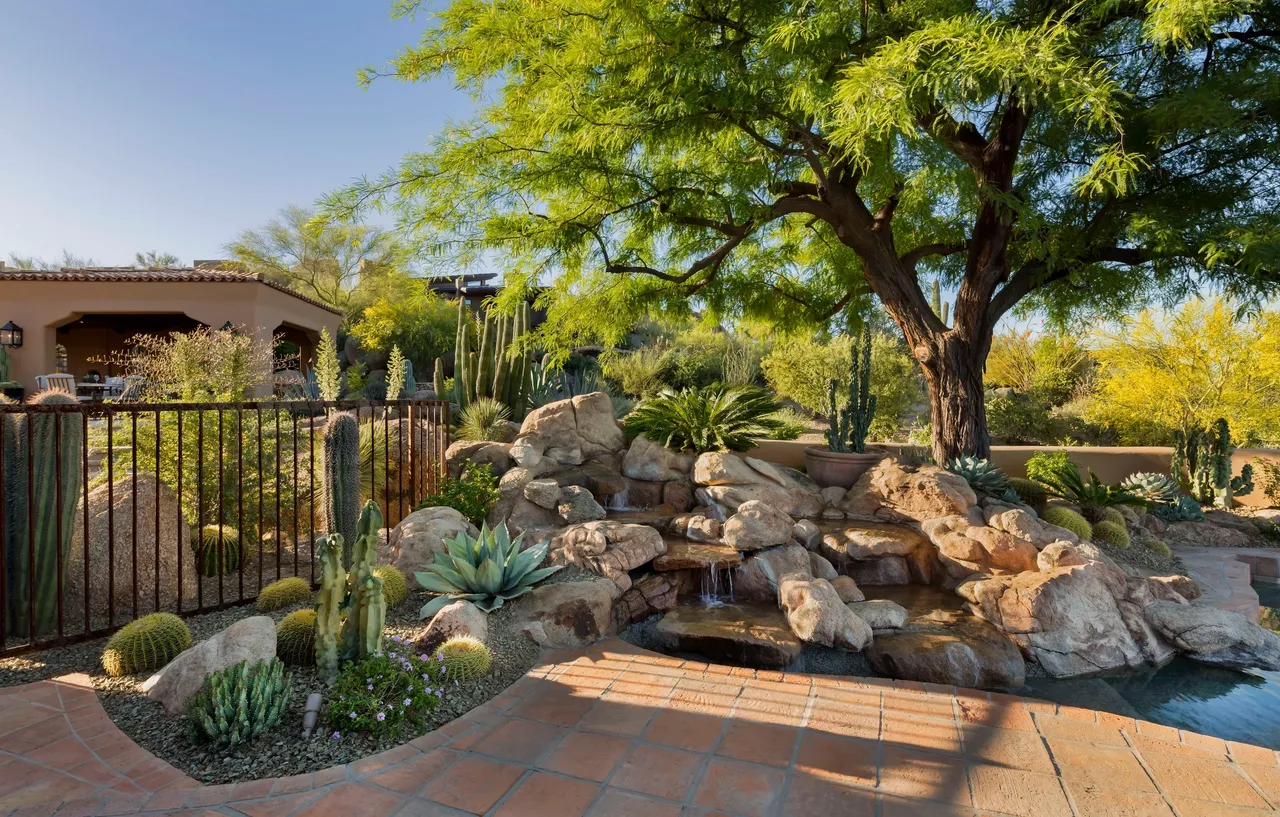 A garden with a waterfall and cactus.