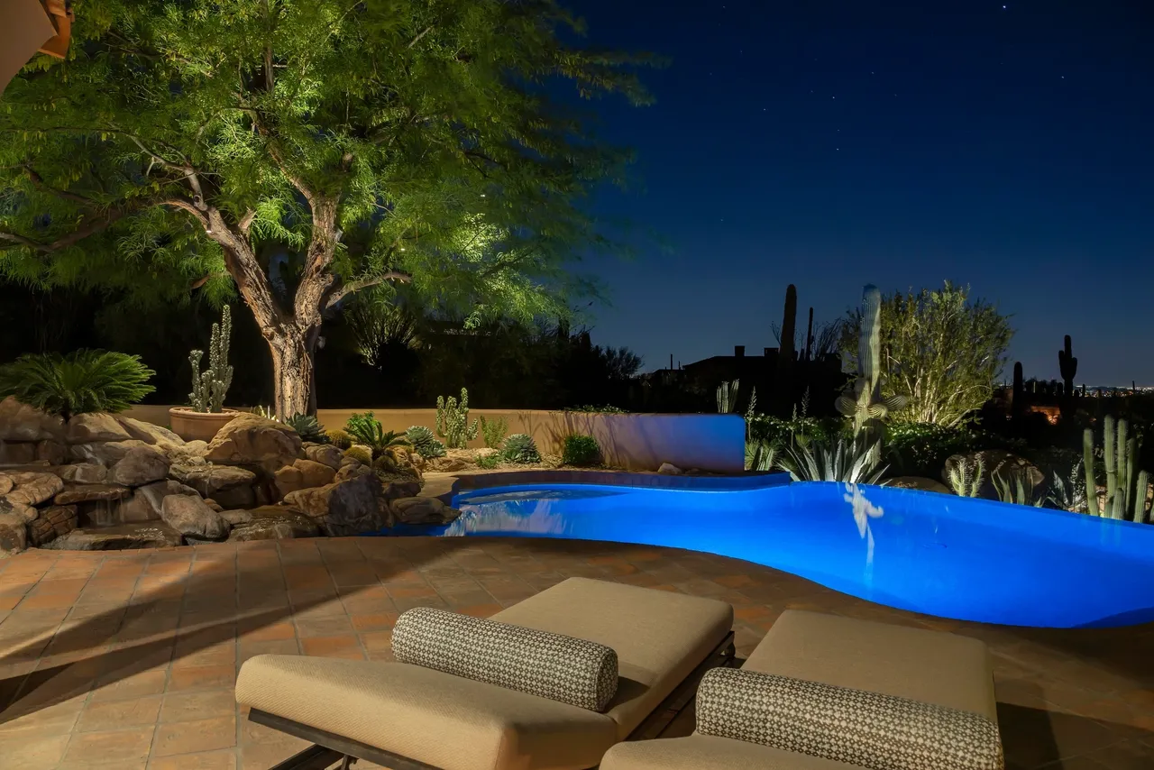 A pool with a tree and a bench in the middle of it